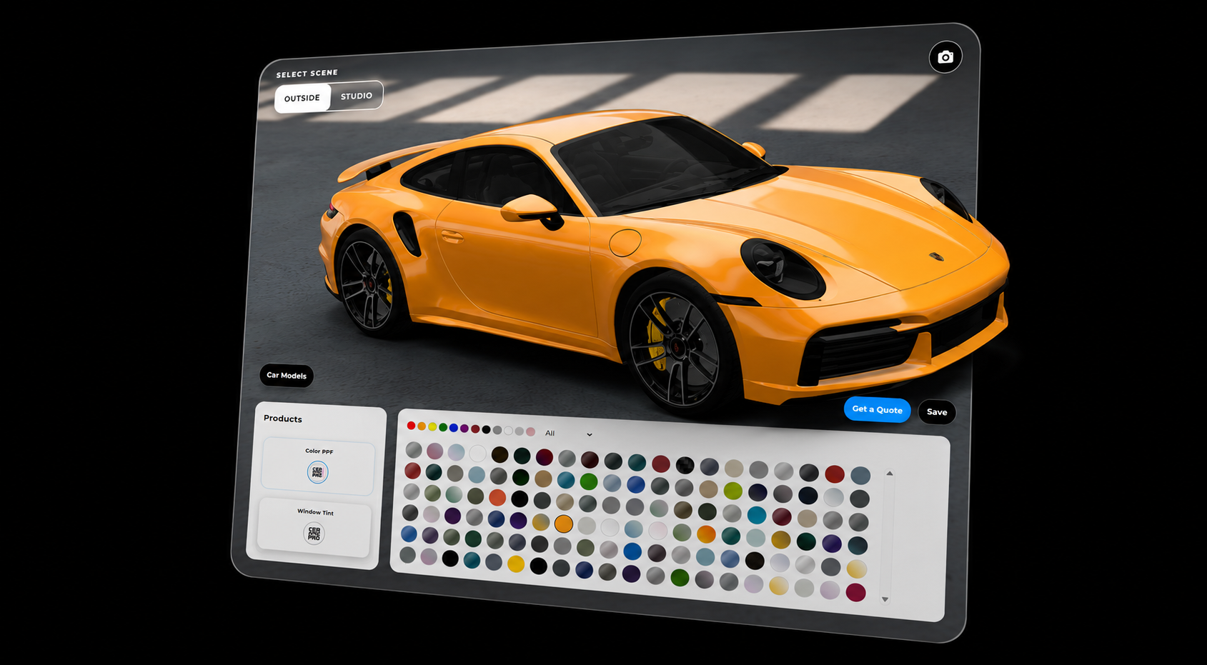 DreamRide AI car visualizer widget showing a 3D vehicle with color PPF and window tint options